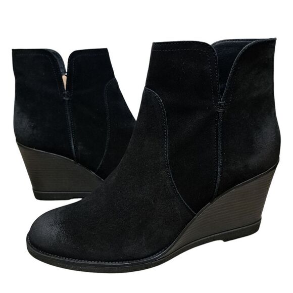 Kenneth Cole Reaction Dot-Ation Leather Suede Wedge Ankle Bootie Sz 11 Black - Picture 3 of 16